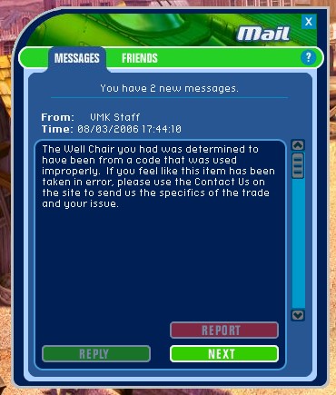 A message received by players who used the multi-use well codes.