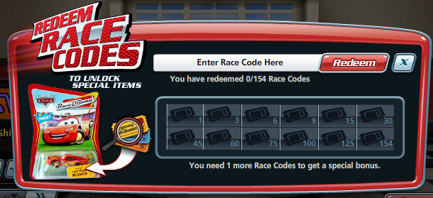 Redeem Race Codes Window (Click to Enlarge)