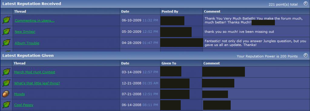 Example of Reputation Received and Given Screen (Click to Enlarge)